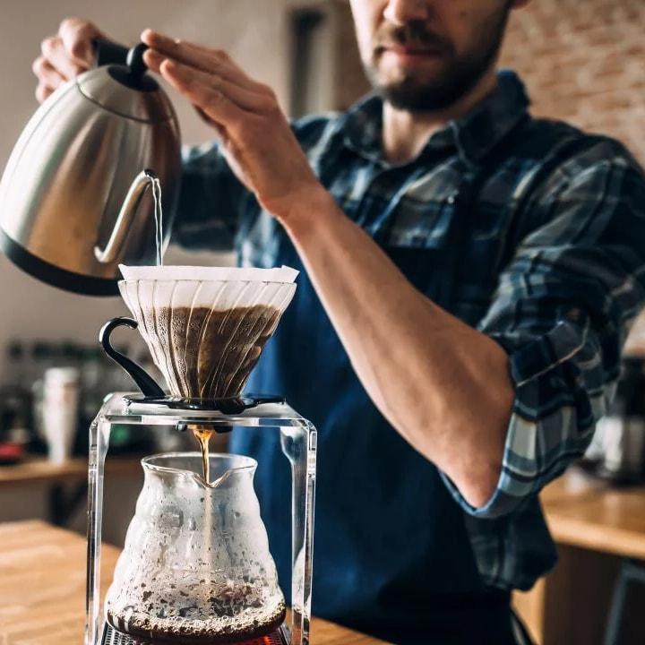 A pour-over brewed with a gooseneck kettle