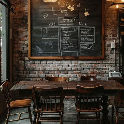 The back room, the board, and the long tables