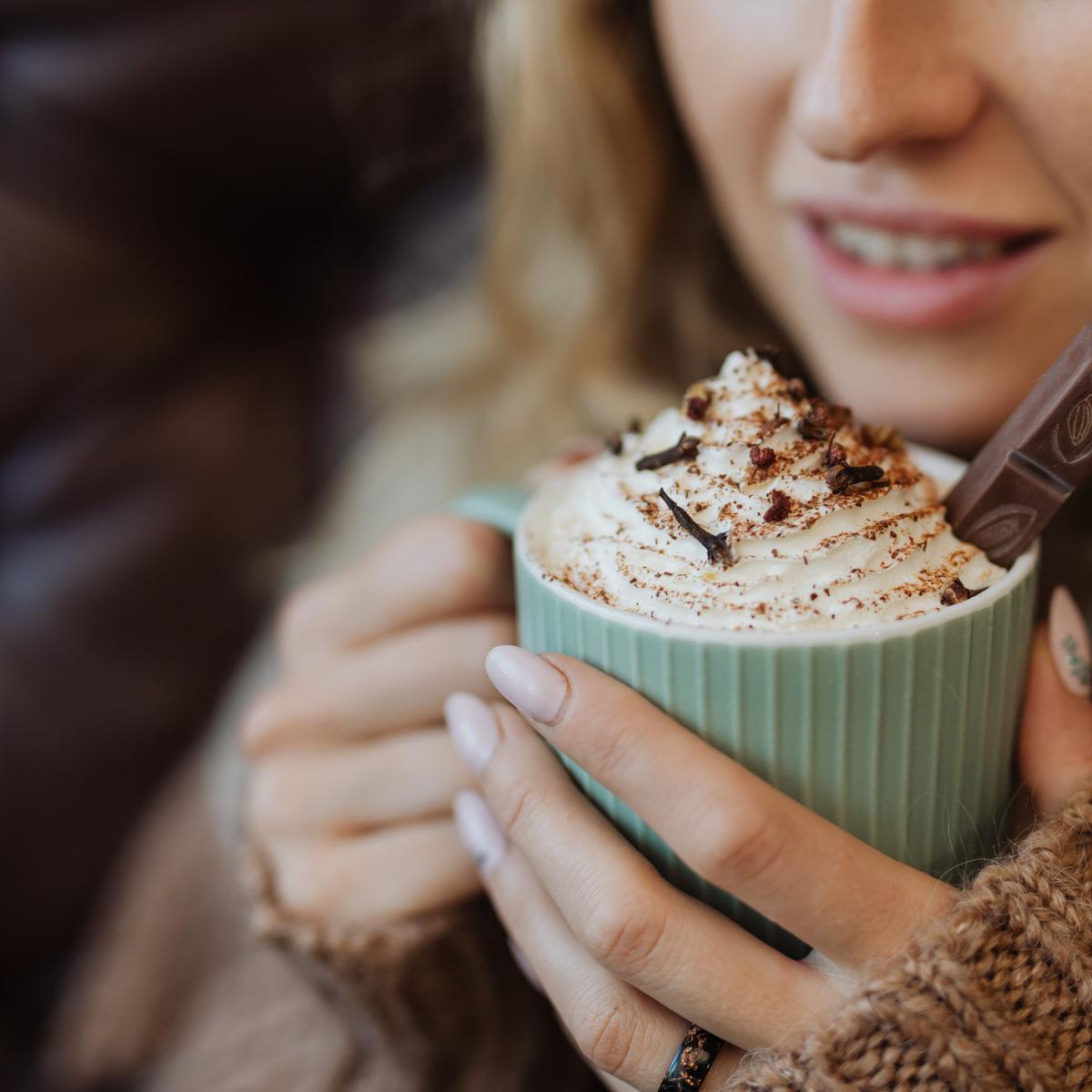 Drinking chocolate under cream and shaved chocolate